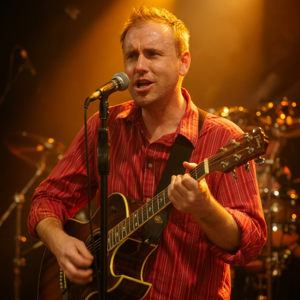 Male musician in a red striped shirt performing on stage, singing into a microphone while playing an acoustic guitar.
