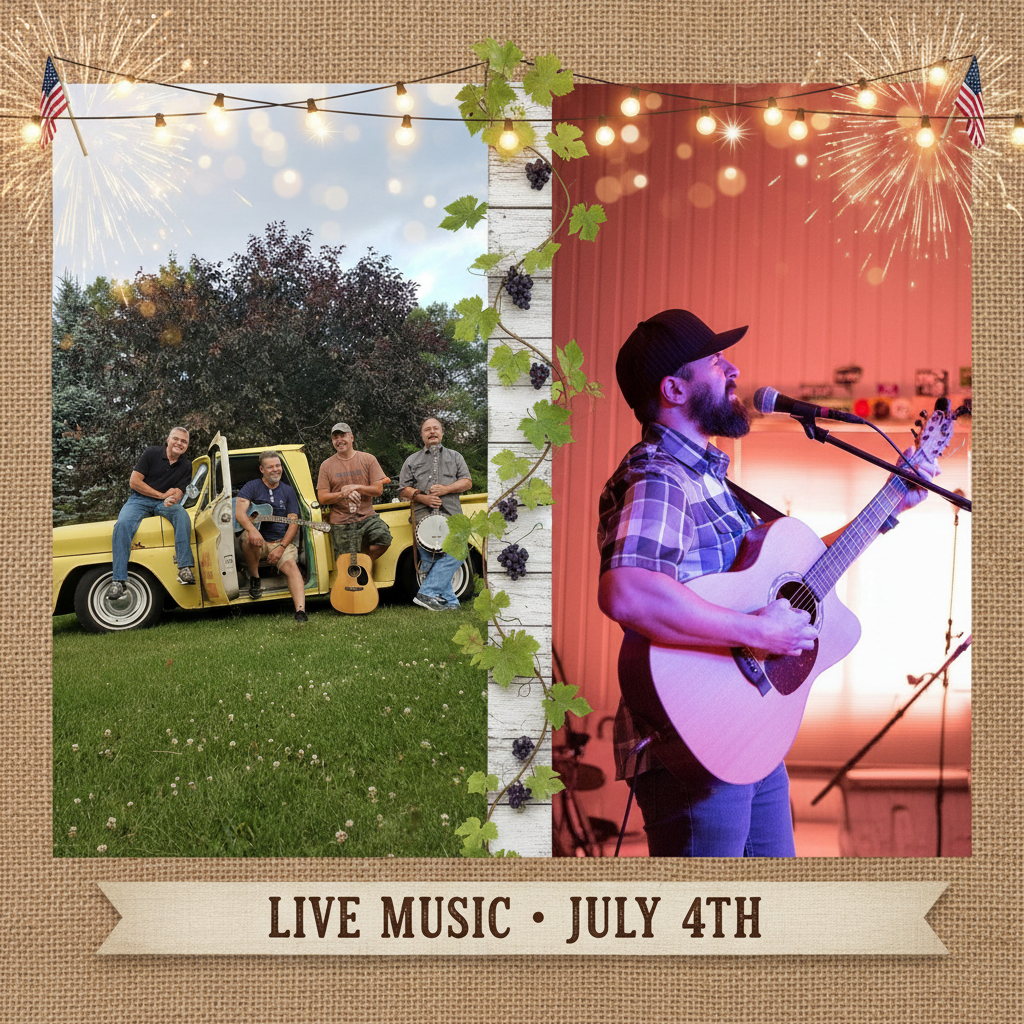 Promotional image for July 4th live music: left panel shows a band by a yellow pickup truck outdoors, right panel a guitarist singing indoors, all within a rustic burlap frame with string lights.